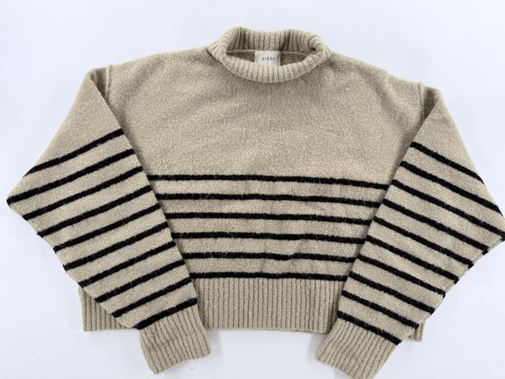 Dissh Turtleneck Sweater Size L Beige Black Striped Knit Pullover